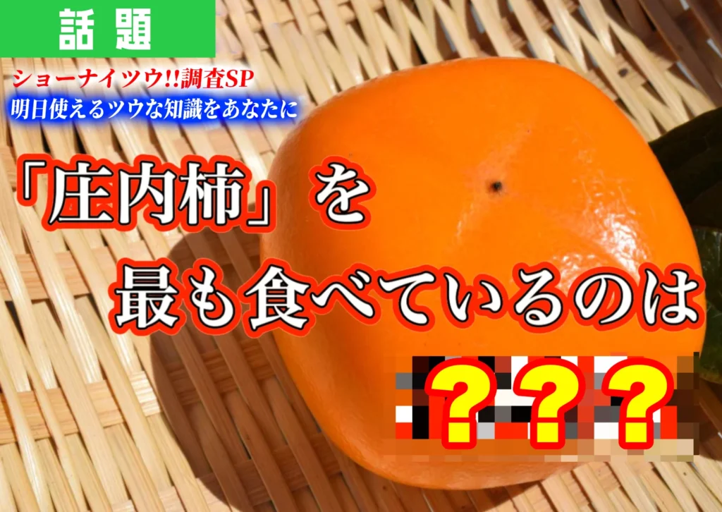 オレンジ色の庄内柿を接写した画像。果皮の表面に光が反射し、丸くつやのある質感が強調されている。