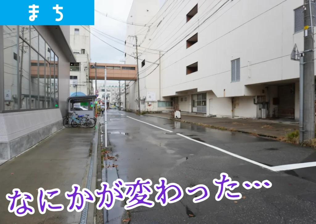 雨で路面が濡れた酒田産業会館わきの細い市街地道路。道路脇に細いポールと新しい白線が見え、奥には歩道橋が架かっている様子。