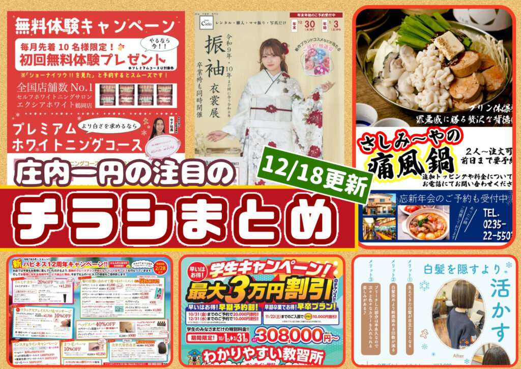 庄内エリアの今週の注目チラシをまとめたショーナイツウ記事のサムネイル画像。ホワイトニングや写真スタジオ、居酒屋など複数のチラシが並び、「11月20日更新」「チラシまとめ」の文字がデザインされている。