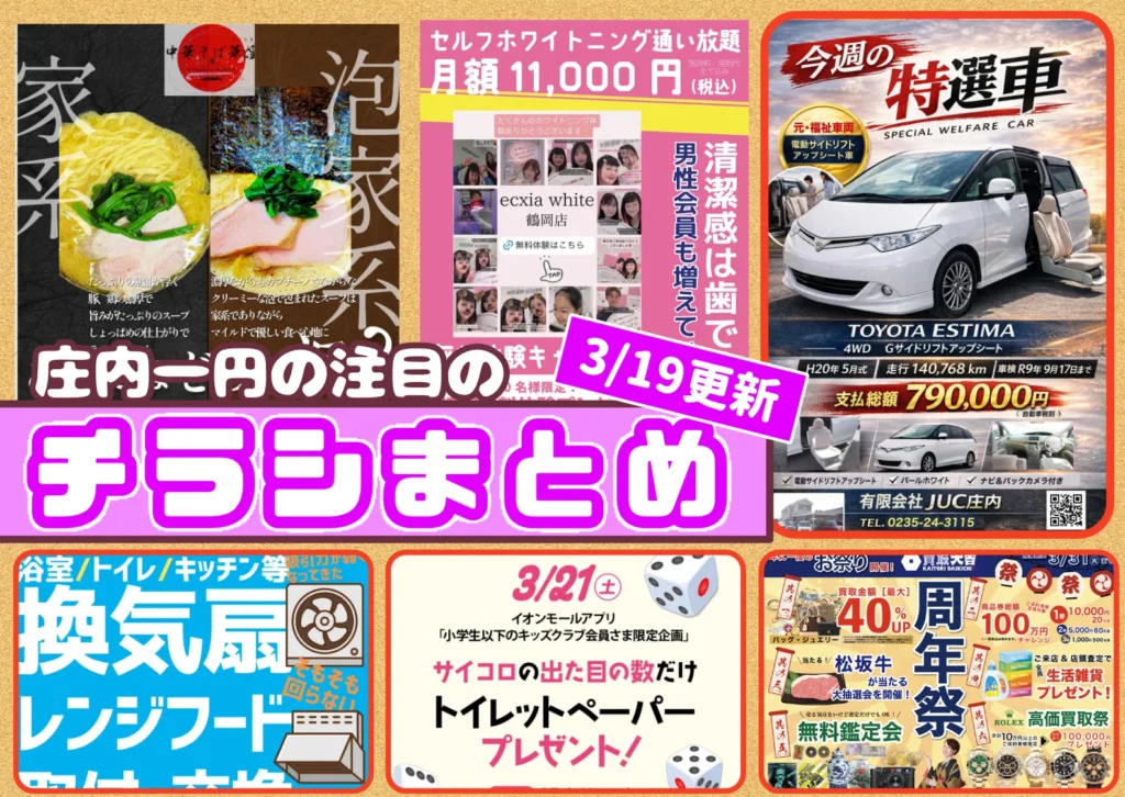 庄内エリアの今週の注目チラシをまとめたショーナイツウ記事のサムネイル画像。